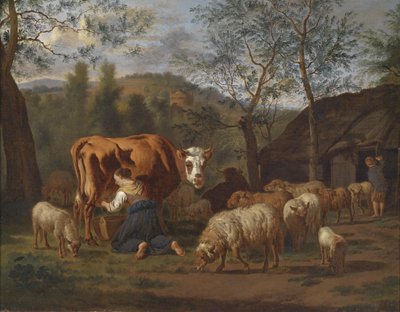 Eine melkende Magd mit Kuh und Ziegen vor dem Stall von Adriaen van de Velde